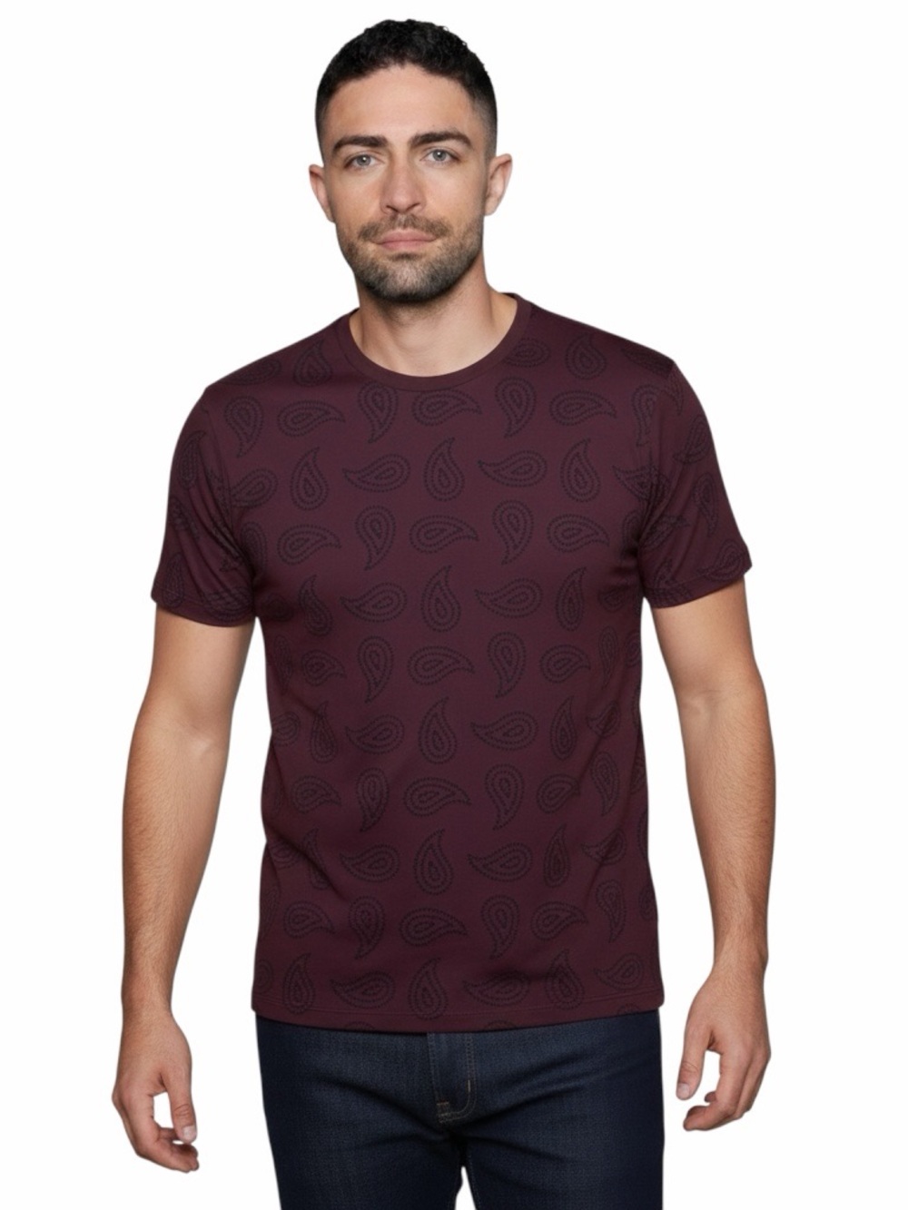 Z Zegna Paisley Print T-Shirt Men’s XL Burgundy Crew Neck Luxury Cotton Blend Te